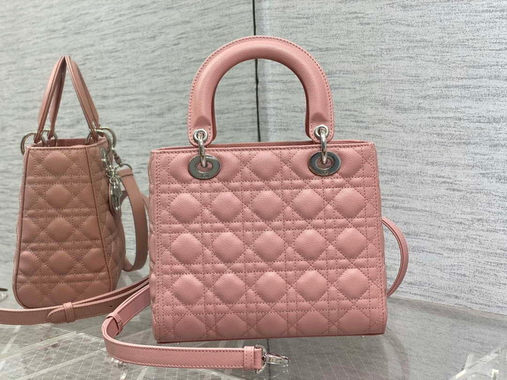 Dior M0565 Medium Lady Dior Bag Pink Grained Cannage Calfskin Silver