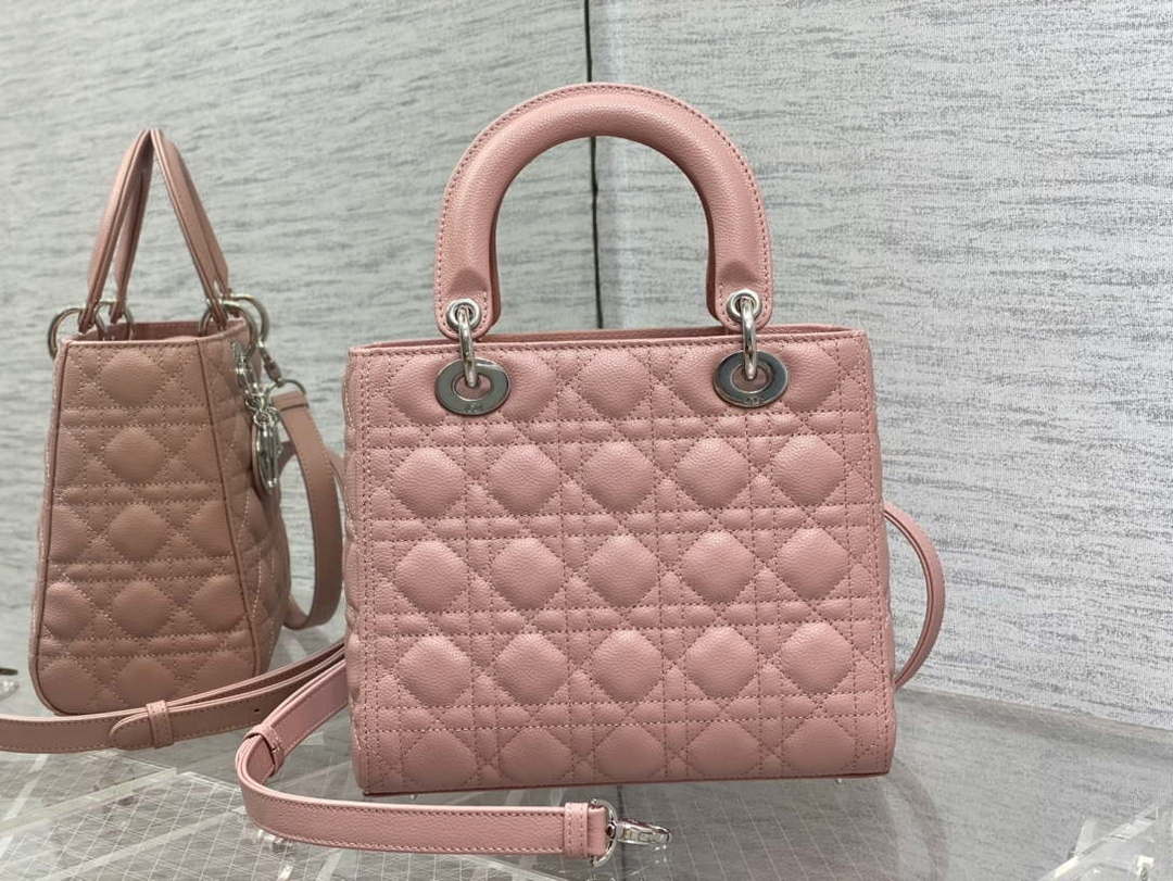 Dior M0565 Medium Lady Dior Bag Pink Grained Cannage Calfskin Silver - Default Title - View 6