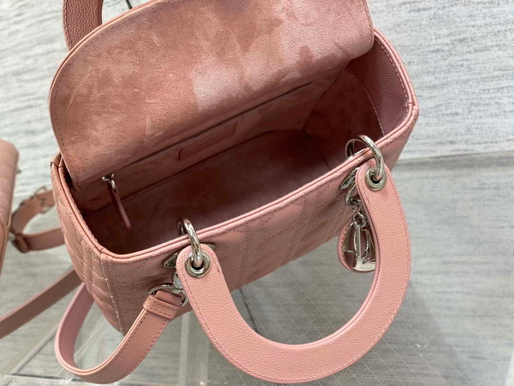 Dior M0565 Medium Lady Dior Bag Pink Grained Cannage Calfskin Silver