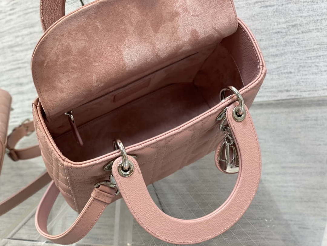 Dior M0565 Medium Lady Dior Bag Pink Grained Cannage Calfskin Silver - Default Title - View 8