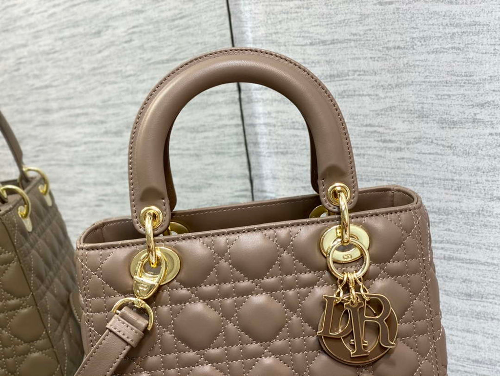 Dior M0565 Medium Lady Dior Bag Taupe Cannage Lambskin Enamel Hardware