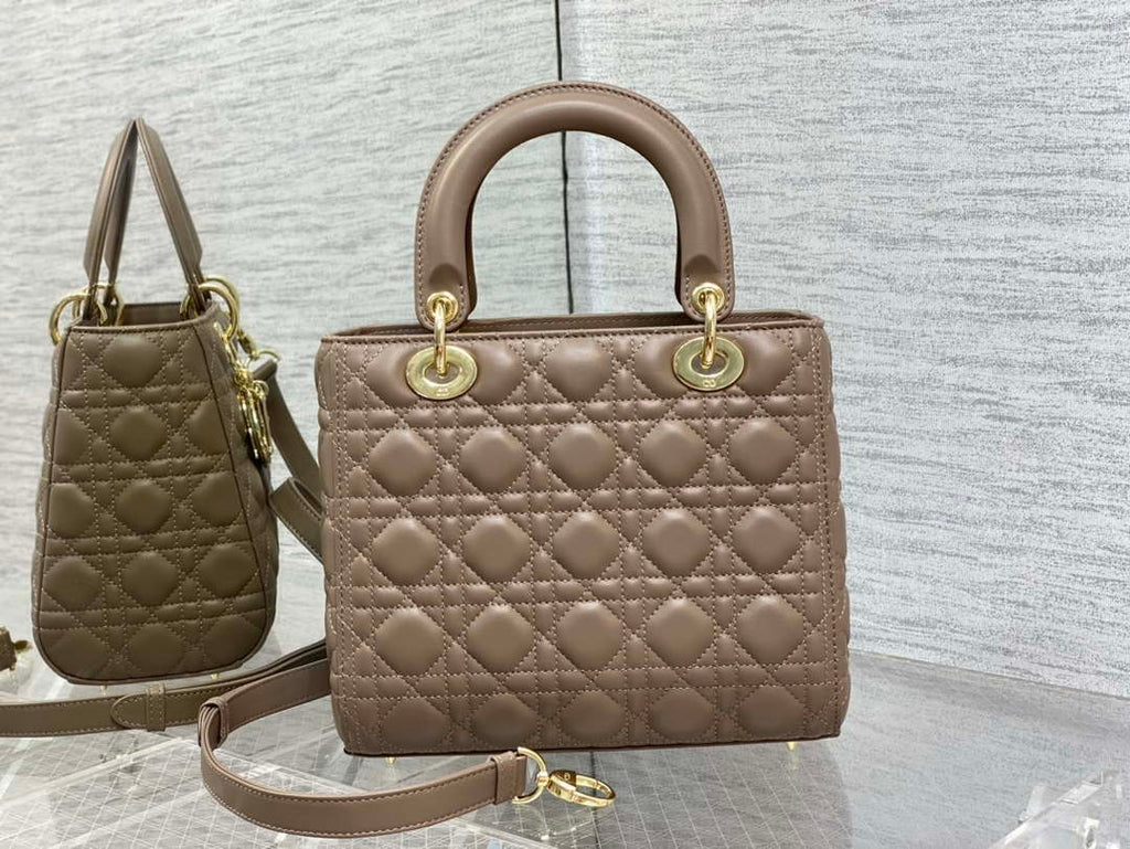 Dior M0565 Medium Lady Dior Bag Taupe Cannage Lambskin Enamel Hardware