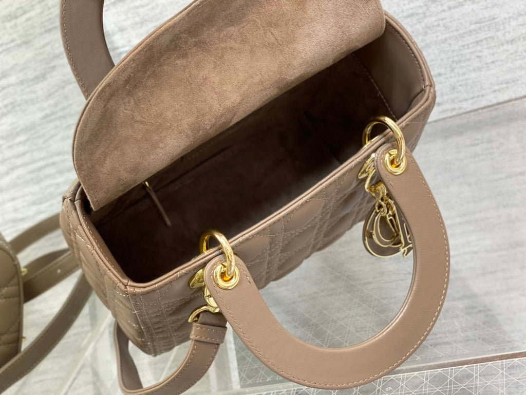 Dior M0565 Medium Lady Dior Bag Taupe Cannage Lambskin Enamel Hardware