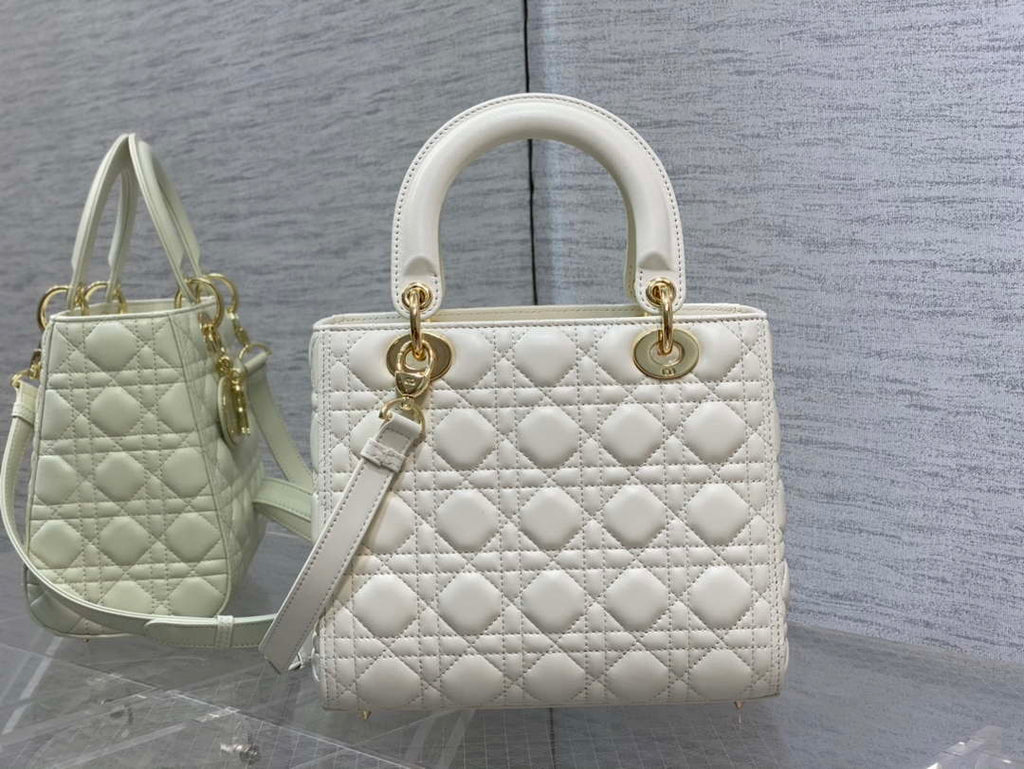Dior M0565 Medium Lady Dior Bag White Cannage Lambskin Enamel Hardware