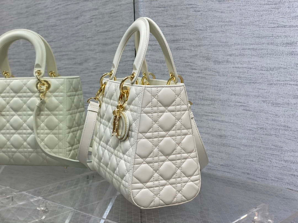 Dior M0565 Medium Lady Dior Bag White Cannage Lambskin Enamel Hardware