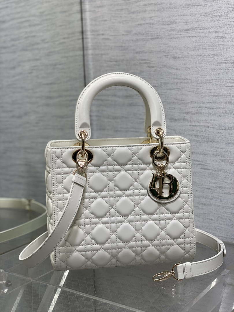 Dior M0565 Medium Lady Dior Bag  White Cannage Lambskin Gold - Default Title - View 1