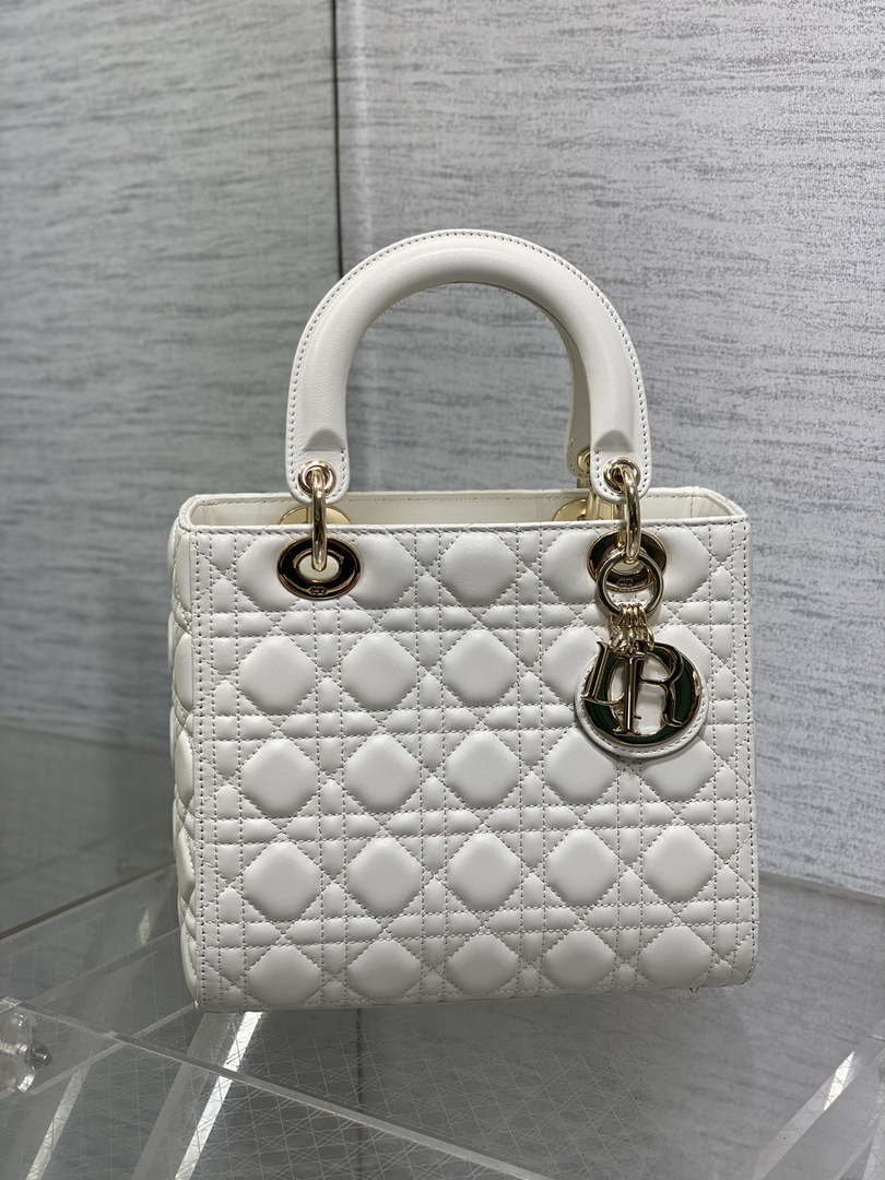 Dior M0565 Medium Lady Dior Bag  White Cannage Lambskin Gold