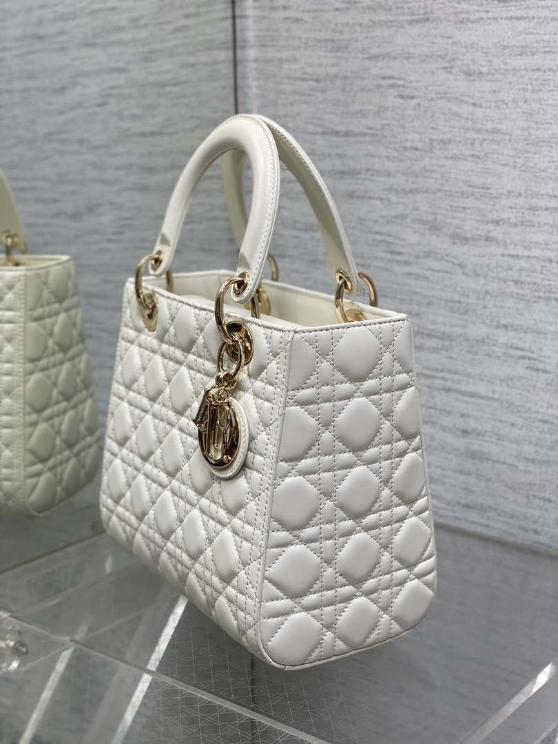 Dior M0565 Medium Lady Dior Bag  White Cannage Lambskin Gold
