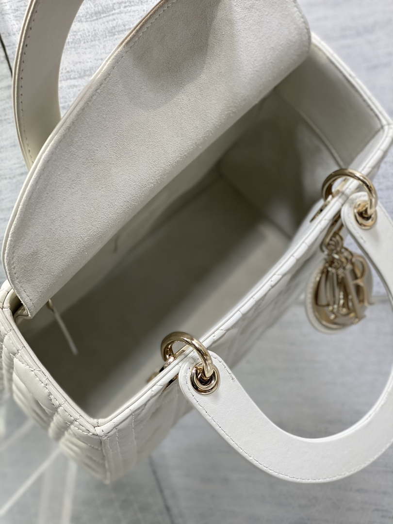 Dior M0565 Medium Lady Dior Bag  White Cannage Lambskin Gold