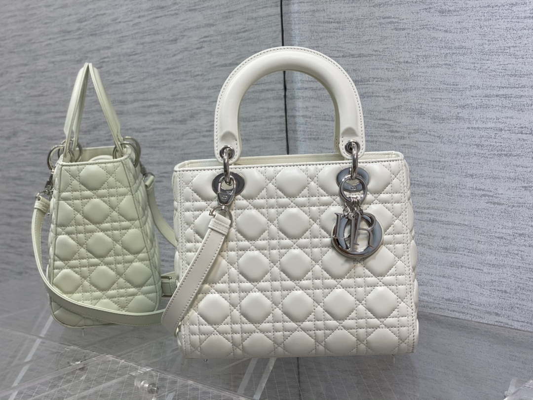 Dior M0565 Medium Lady Dior Bag White Cannage Lambskin Silver