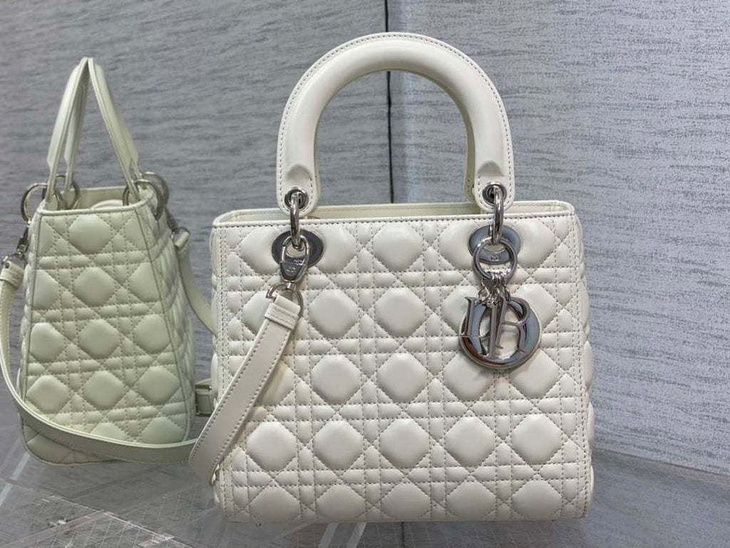 Dior M0565 Medium Lady Dior Bag White Cannage Lambskin Silver