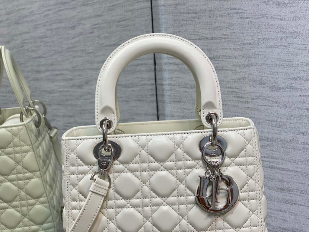 Dior M0565 Medium Lady Dior Bag White Cannage Lambskin Silver