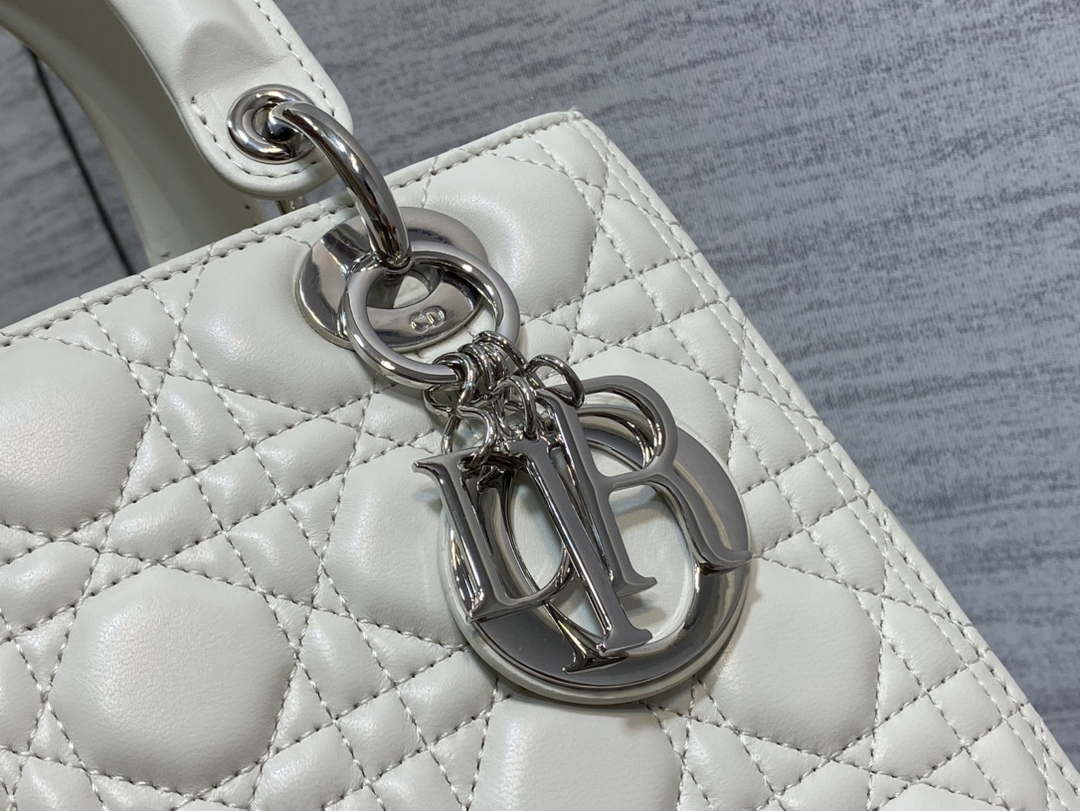 Dior M0565 Medium Lady Dior Bag White Cannage Lambskin Silver