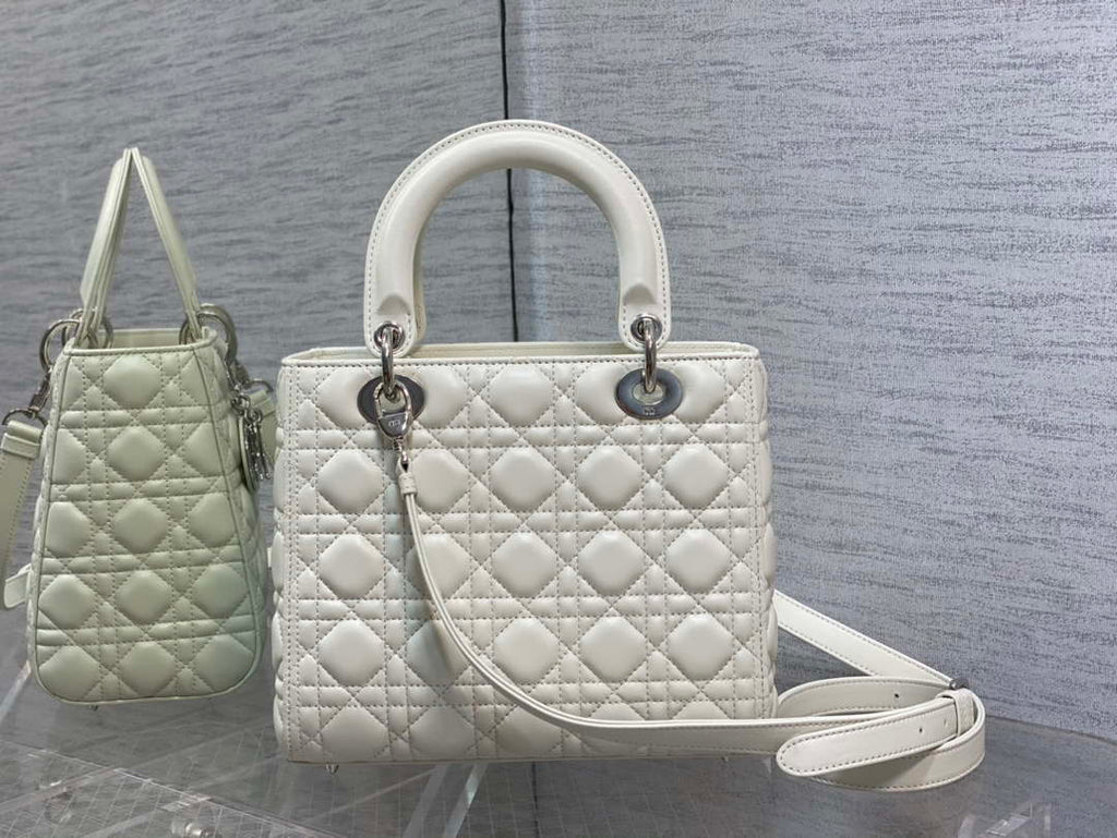 Dior M0565 Medium Lady Dior Bag White Cannage Lambskin Silver