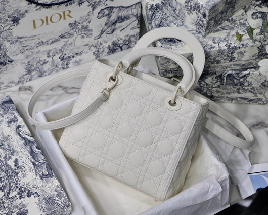 Dior M0565 Medium Lady Dior Cannage Calfskin Bag White