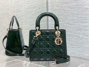 Dior M0565 Medium Lady Dior Patent Cannage Calfskin Bag Dark Green - Default Title - View 1