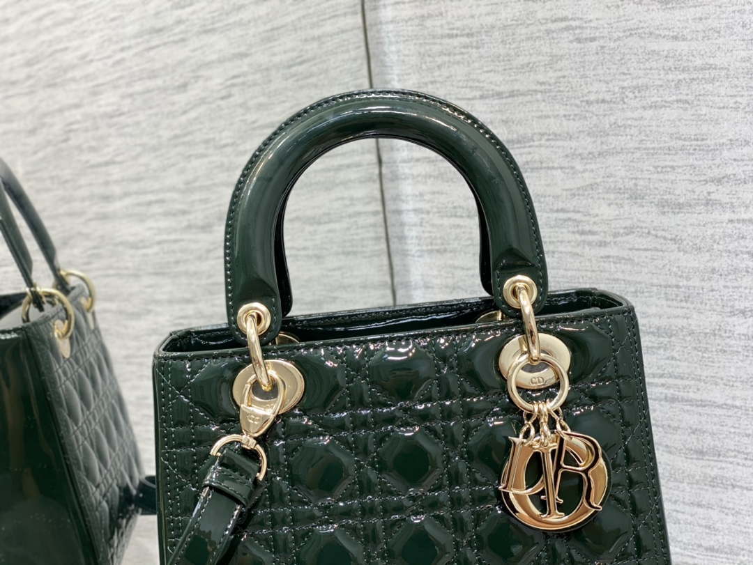 Dior M0565 Medium Lady Dior Patent Cannage Calfskin Bag Dark Green