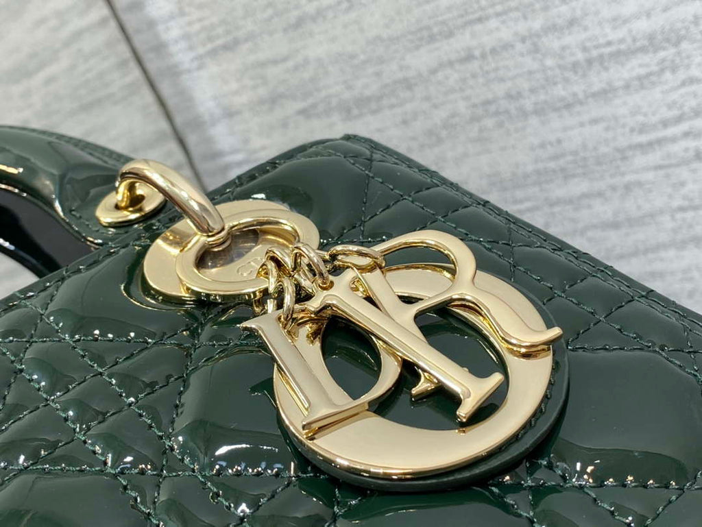 Dior M0565 Medium Lady Dior Patent Cannage Calfskin Bag Dark Green