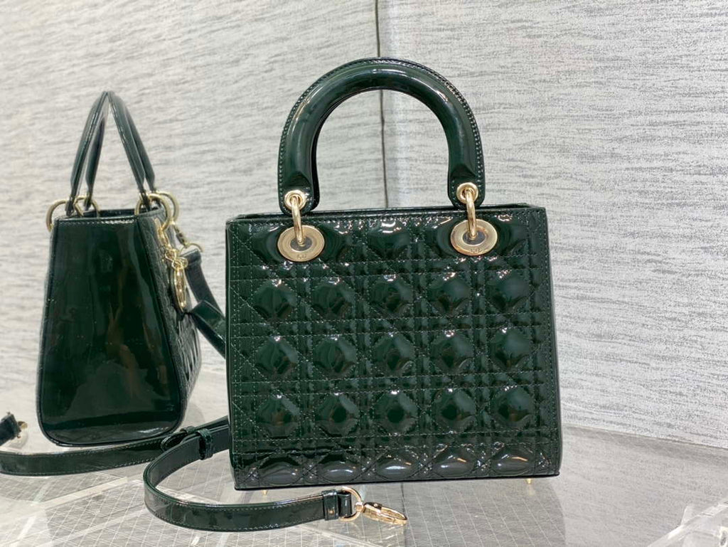 Dior M0565 Medium Lady Dior Patent Cannage Calfskin Bag Dark Green