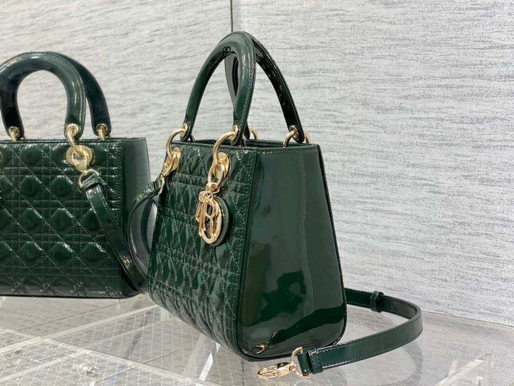 Dior M0565 Medium Lady Dior Patent Cannage Calfskin Bag Dark Green