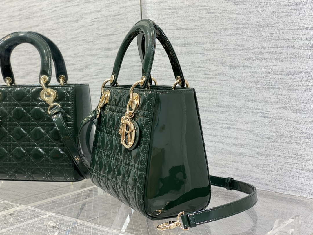 Dior M0565 Medium Lady Dior Patent Cannage Calfskin Bag Dark Green