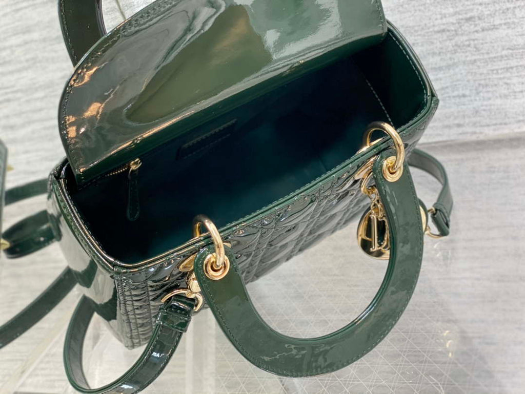 Dior M0565 Medium Lady Dior Patent Cannage Calfskin Bag Dark Green
