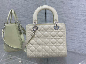 Dior M0565 Medium Lady Dior Patent Cannage Calfskin Bag White Silver - Default Title - View 1
