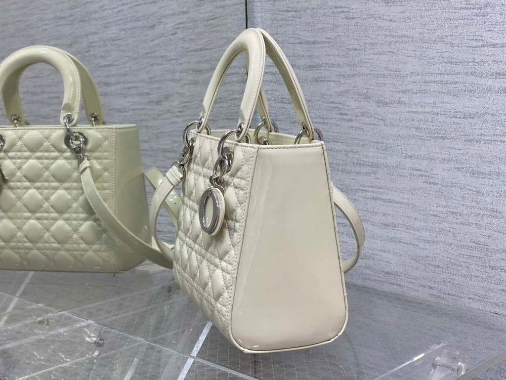 Dior M0565 Medium Lady Dior Patent Cannage Calfskin Bag White Silver