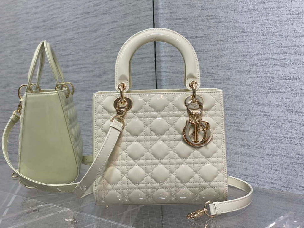 Dior M0565 Medium Lady Dior Patent Cannage Calfskin Bag White Enamel Hardware