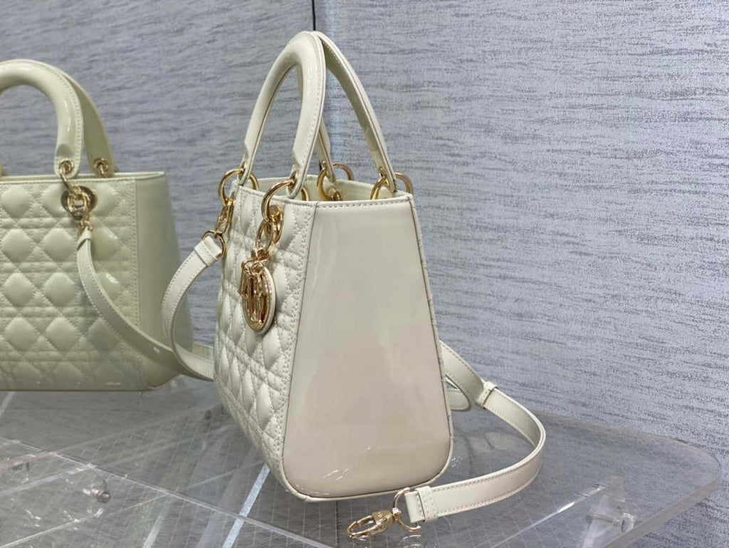 Dior M0565 Medium Lady Dior Patent Cannage Calfskin Bag White Enamel Hardware