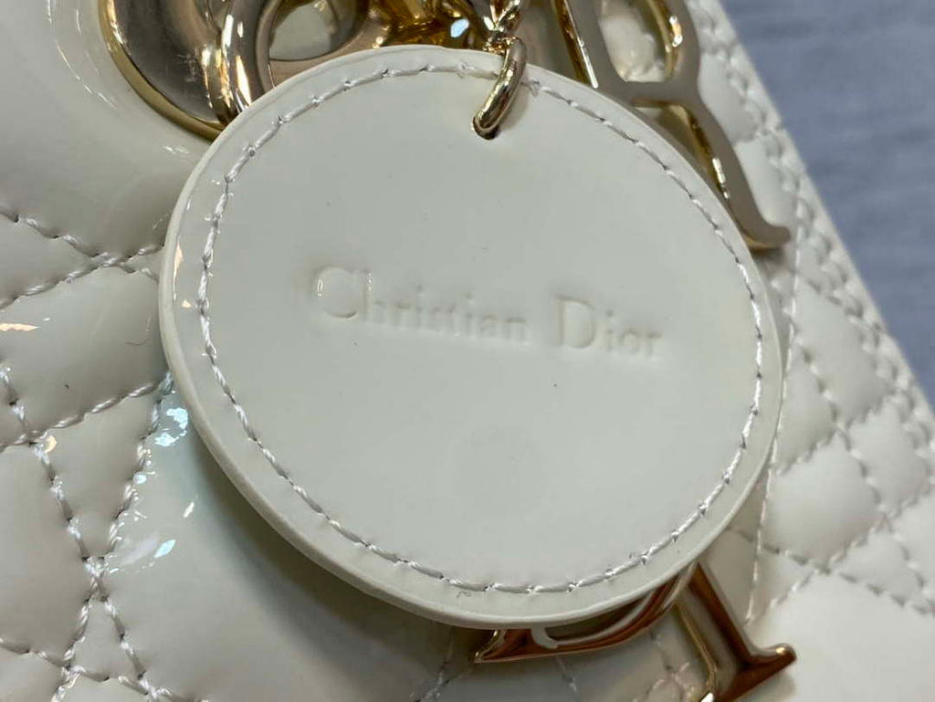 Dior M0565 Medium Lady Dior Patent Cannage Calfskin Bag White Enamel Hardware