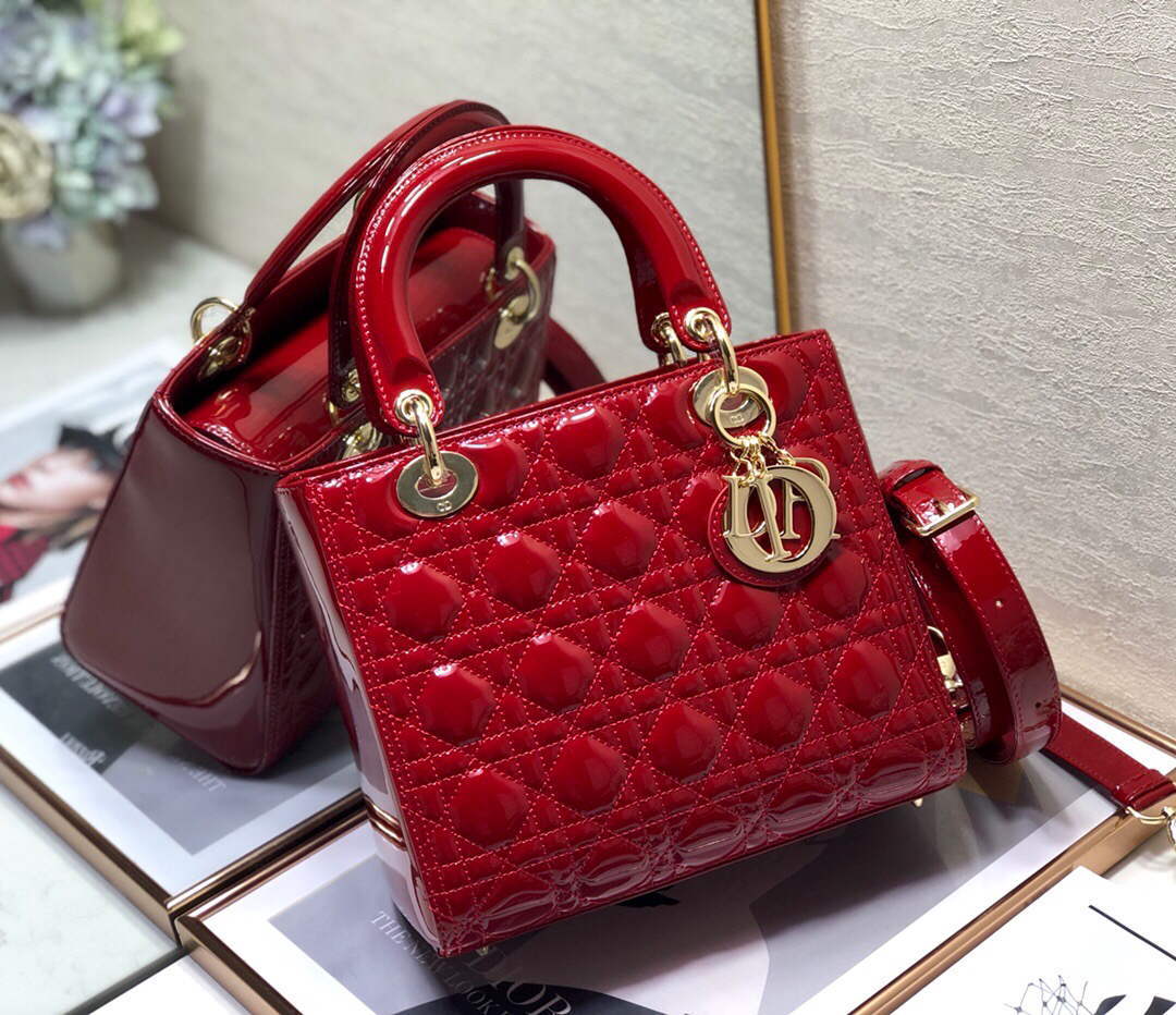 Dior M0565 Medium Lady Dior Patent Cannage Calfskin Bag Red - Default Title - View 1
