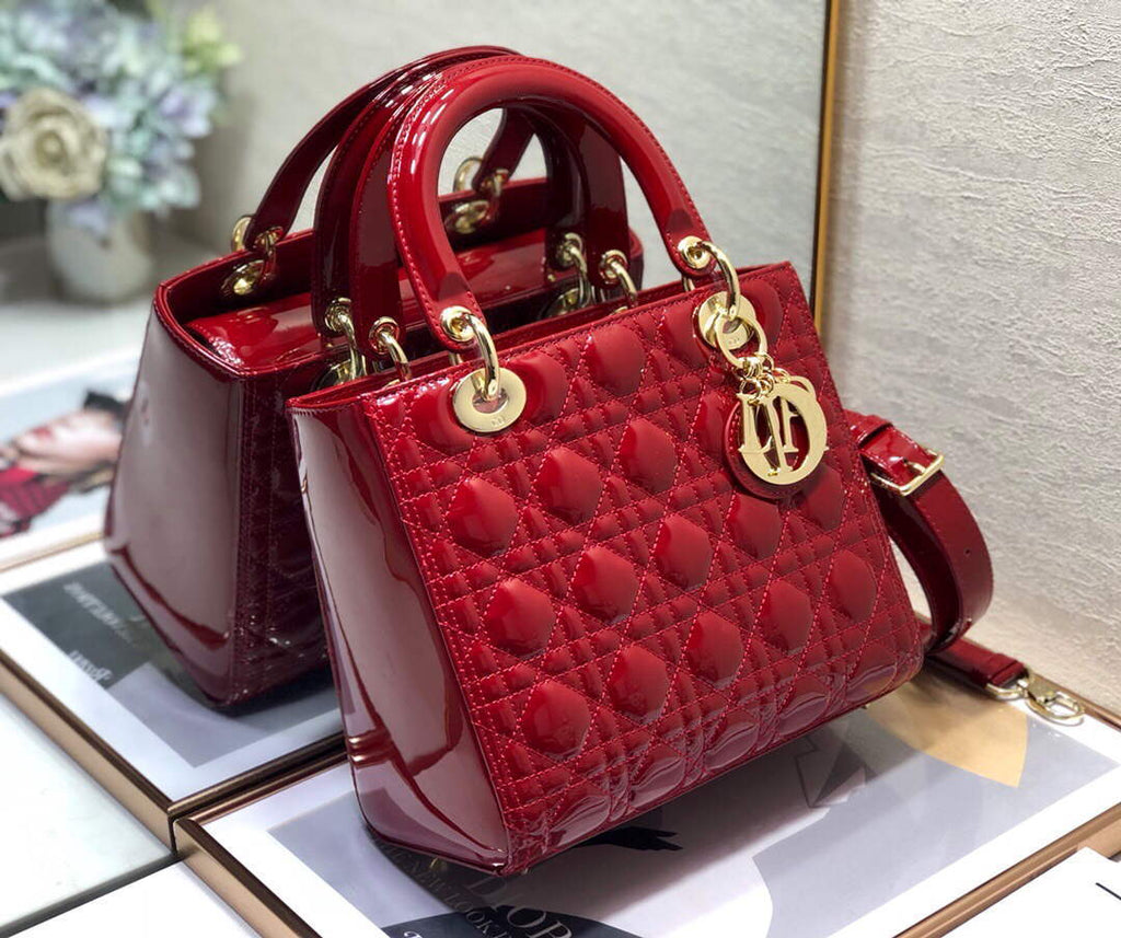 Dior M0565 Medium Lady Dior Patent Cannage Calfskin Bag Red