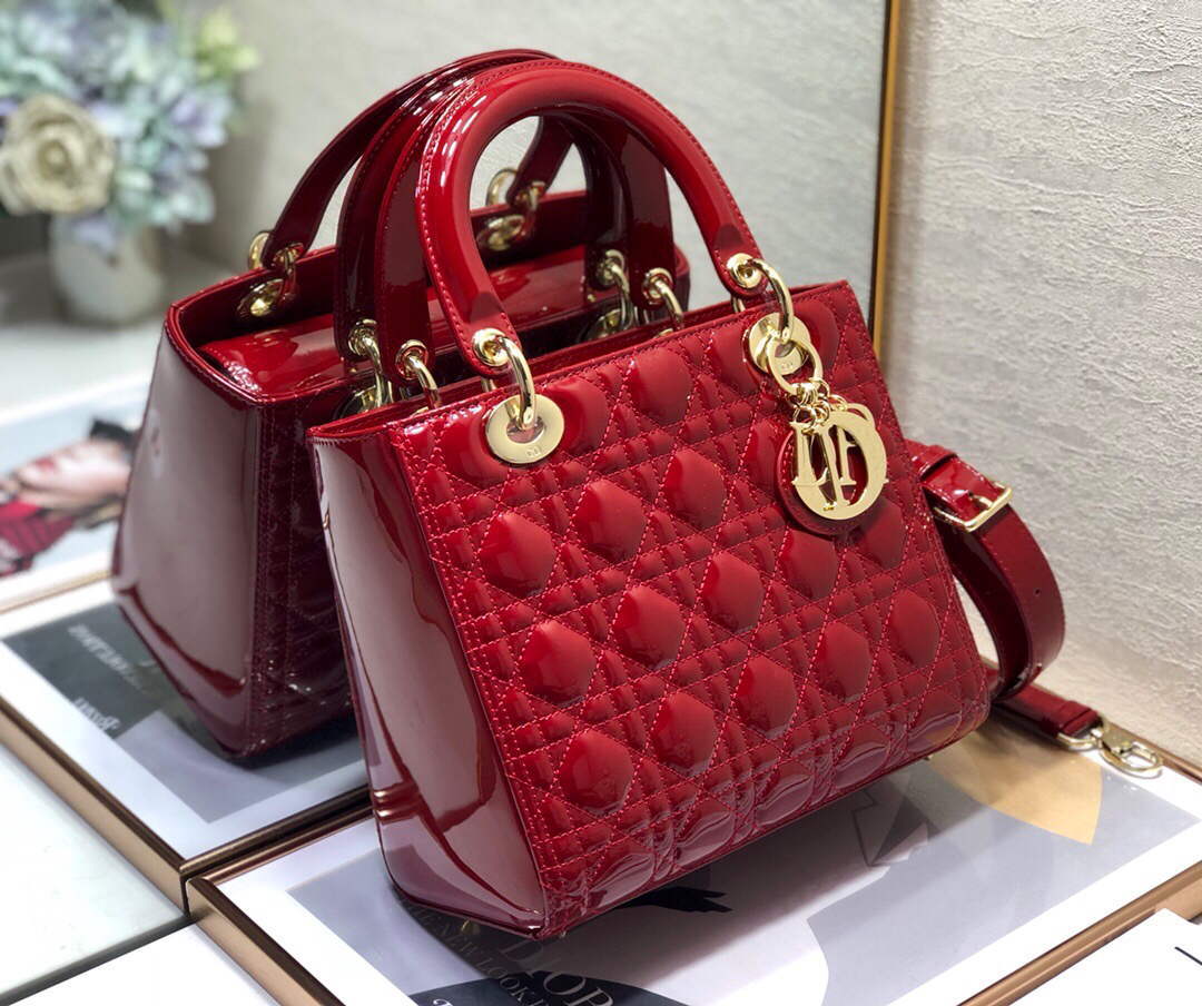 Dior M0565 Medium Lady Dior Patent Cannage Calfskin Bag Red - Default Title - View 2
