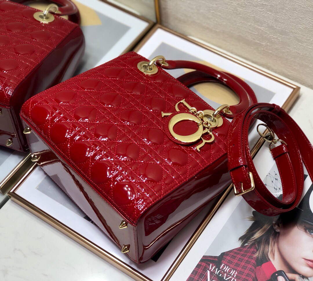 Dior M0565 Medium Lady Dior Patent Cannage Calfskin Bag Red - Default Title - View 5