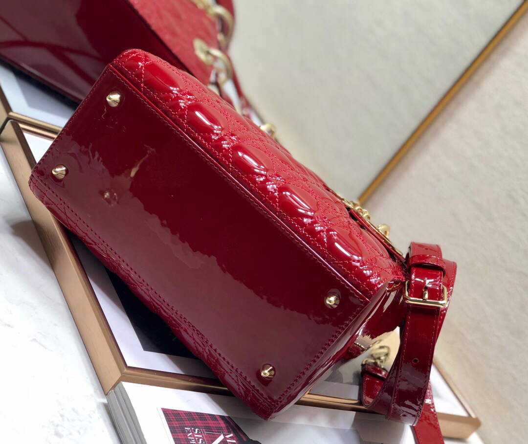 Dior M0565 Medium Lady Dior Patent Cannage Calfskin Bag Red - Default Title - View 7