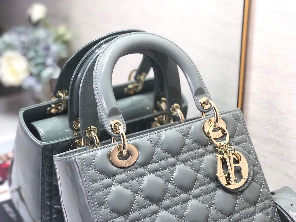 Dior M0565 Medium Lady Dior Patent Cannage Calfskin Bag Gray