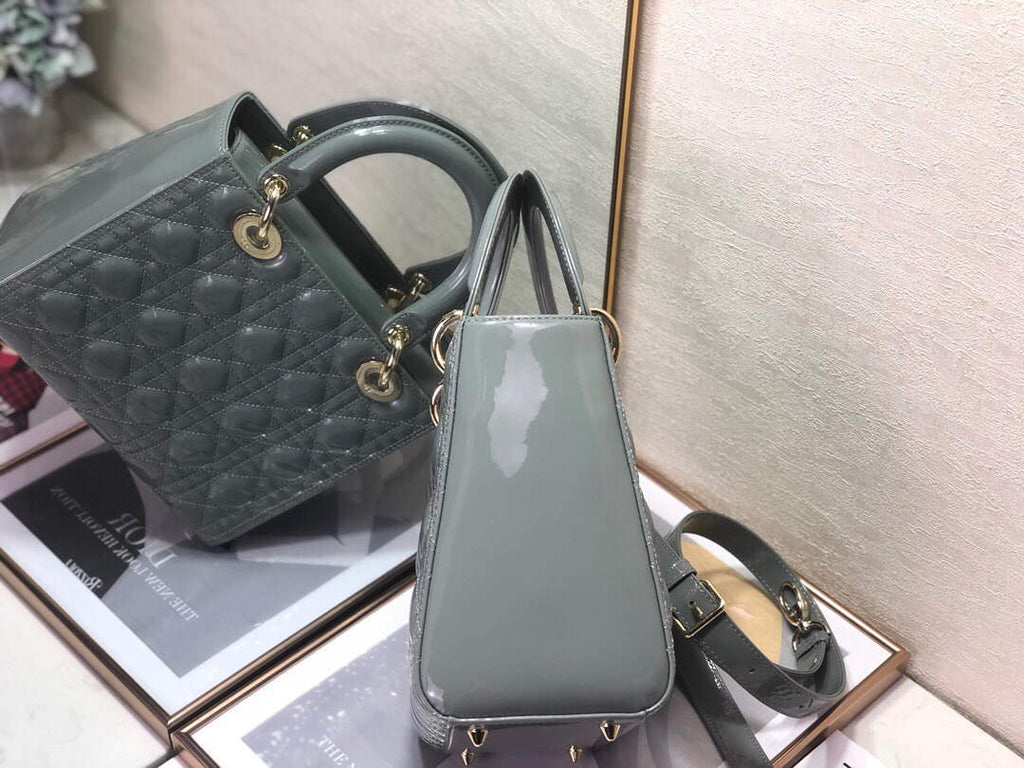 Dior M0565 Medium Lady Dior Patent Cannage Calfskin Bag Gray