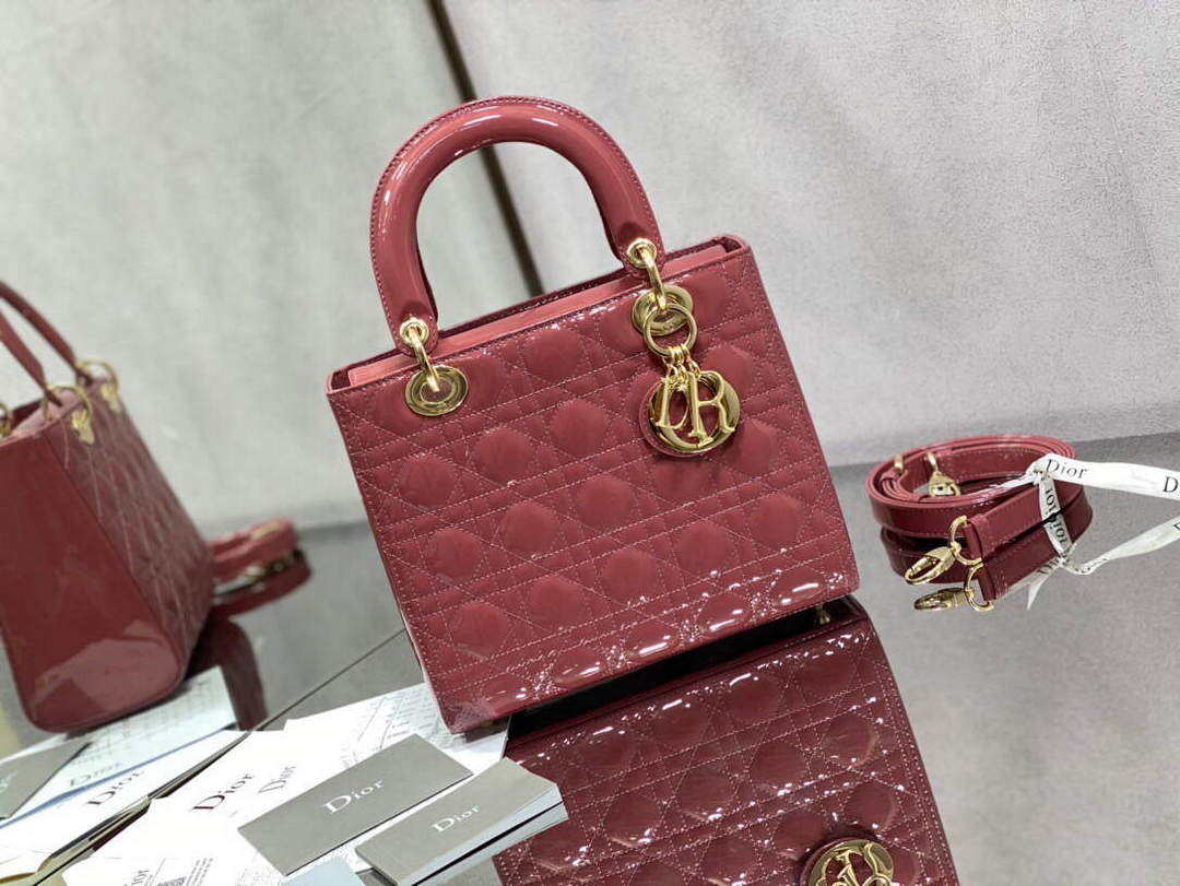 Dior M0565 Medium Lady Dior Patent Cannage Calfskin Bag Pink - Default Title - View 1