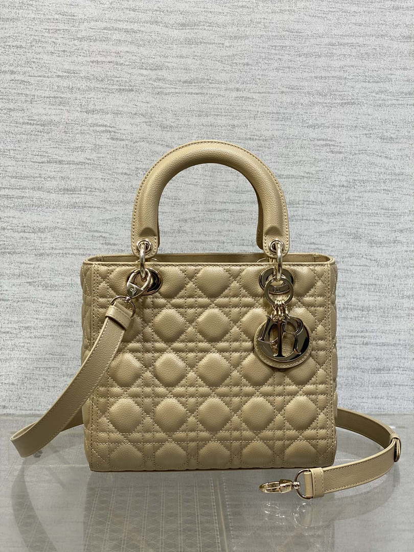 Dior M0565 Medium Lady Dior Bag Sand-Colored Grained Cannage Calfskin Gold - Default Title - View 1