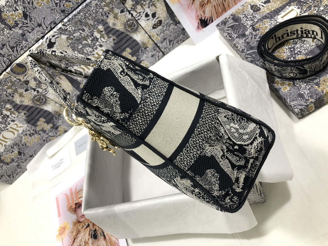 Dior M0566 Large Lady D-Lite Gray de Jouy Embroidery M1056
