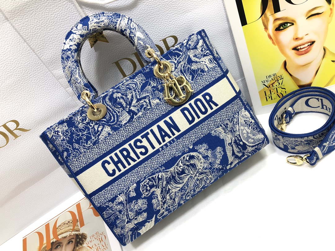 Dior M0566 Large Lady D-Lite Blue Toile de Jouy Embroidery M1053