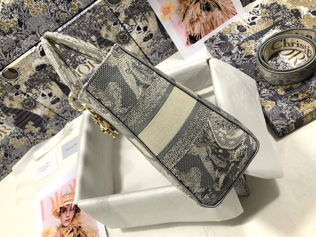 Dior M0566 Large Lady D-Lite Gray de Jouy Embroidery M1055