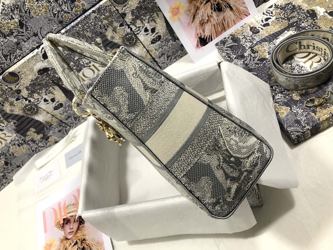 Dior M0566 Large Lady D-Lite Gray de Jouy Embroidery M1055