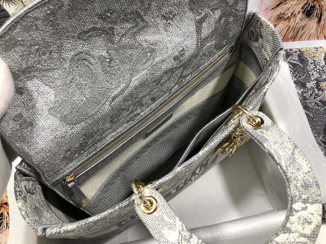 Dior M0566 Large Lady D-Lite Gray de Jouy Embroidery M1055
