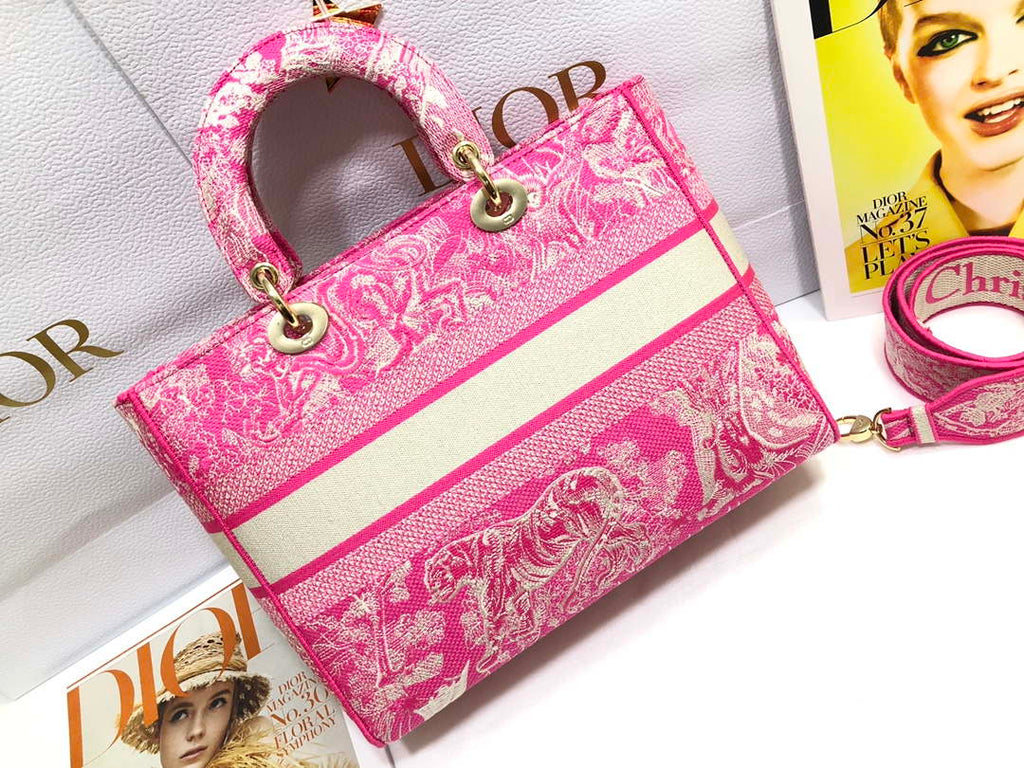 Dior M0566 Large Lady D-Lite Rose red de Jouy Embroidery M1054