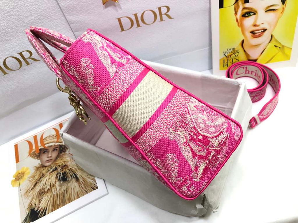Dior M0566 Large Lady D-Lite Rose red de Jouy Embroidery M1054
