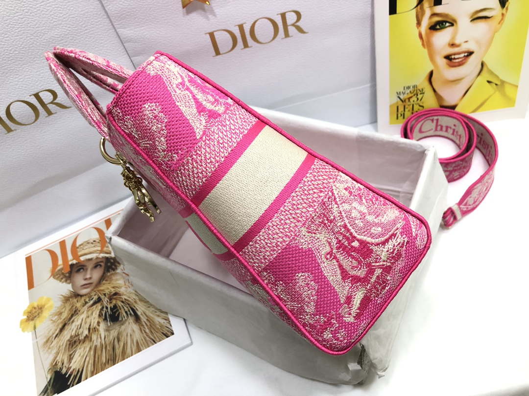 Dior M0566 Large Lady D-Lite Rose red de Jouy Embroidery M1054