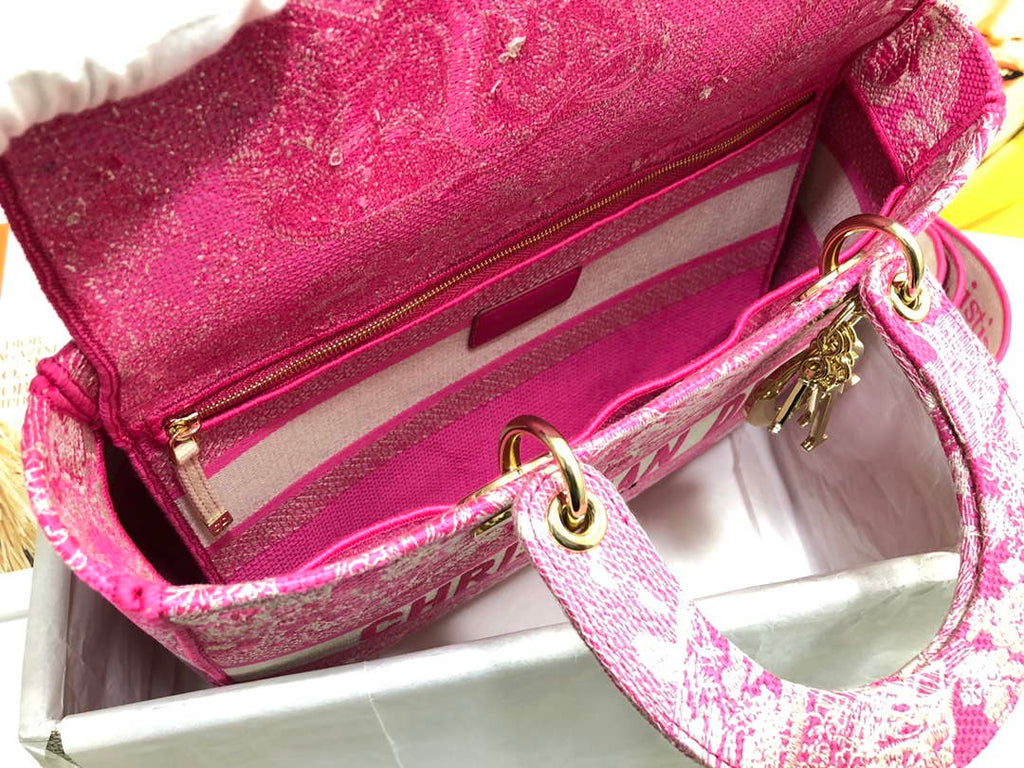 Dior M0566 Large Lady D-Lite Rose red de Jouy Embroidery M1054