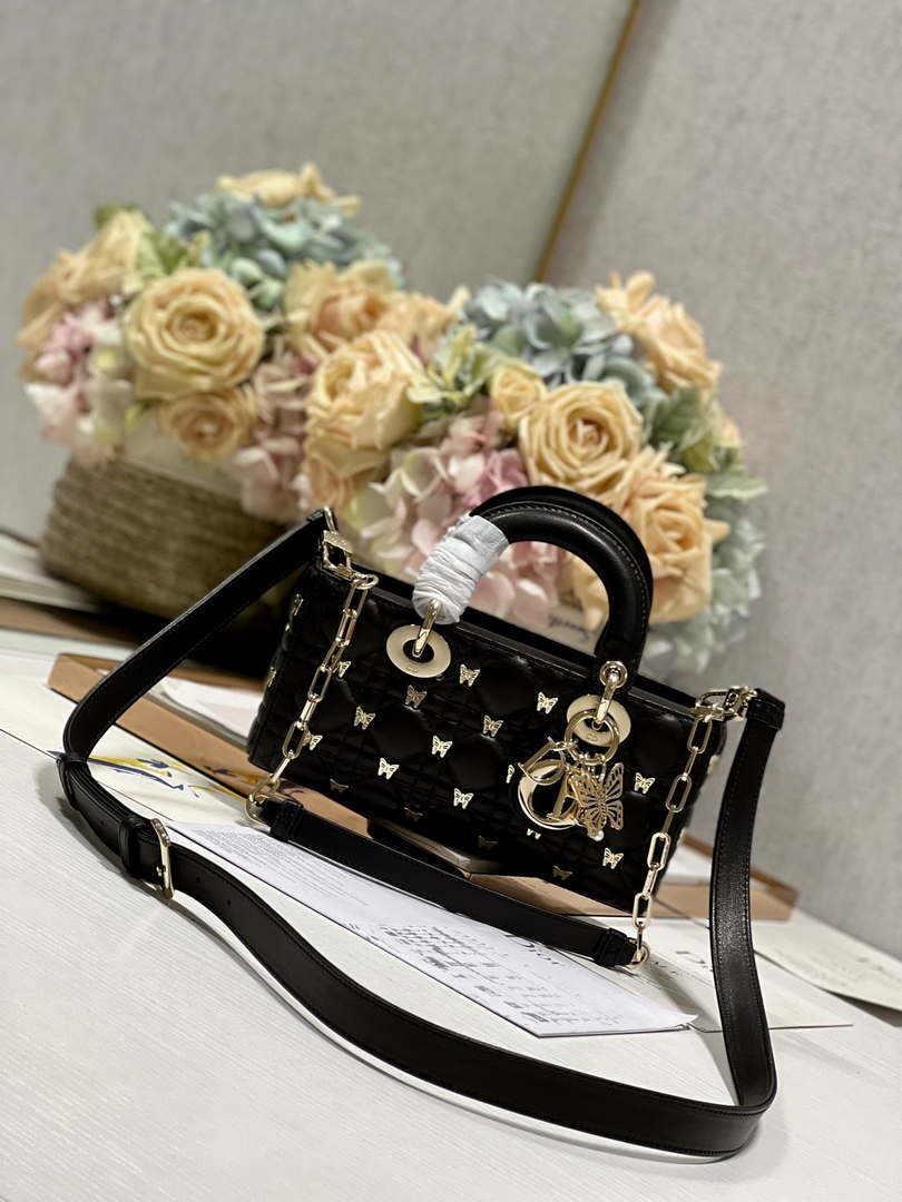 Dior M0613 Small Lady D-joy Bag Black Cannage Lambskin with Gold-Finish Butterfly Studs - Default Title - View 2